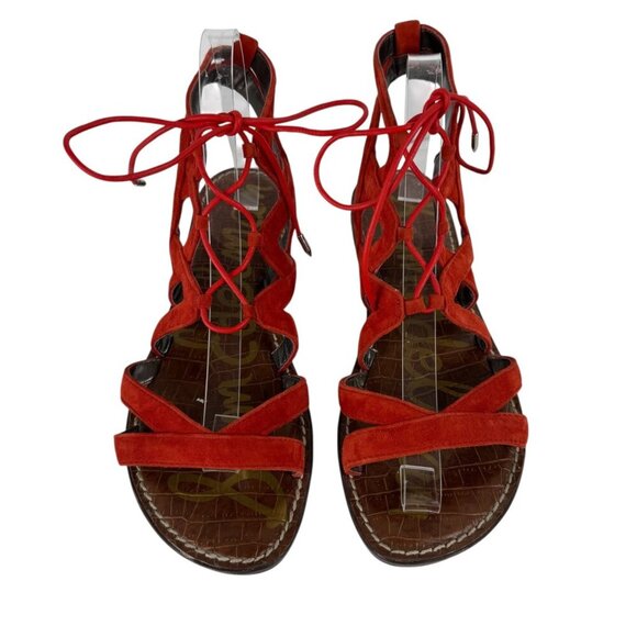 Sam Edelman Gemma Sandals Red Leather Gladiator Lace Up 8M Casual Boho Summer - Picture 2 of 10